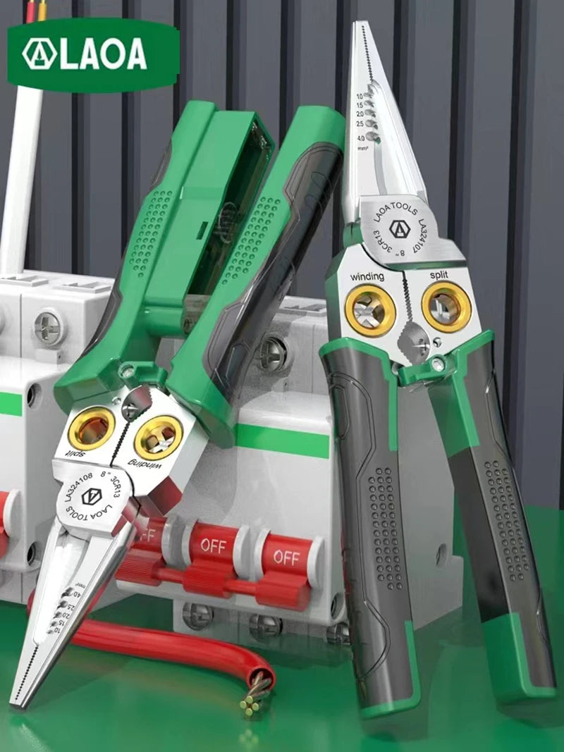A green and black 8-in-1 multifunctional wire stripping and crimping pliers with various tools visible.