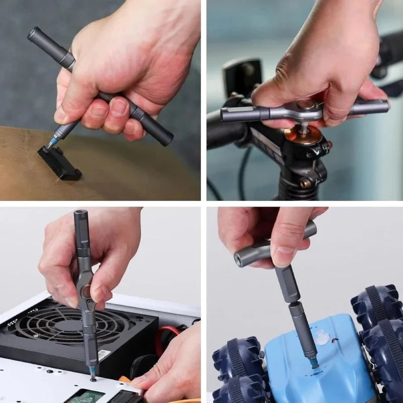 Hands demonstrate the use of a 24-in-1 multifunction ratchet screwdriver set for various tasks.