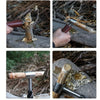 A set of portable woodworking auger drill bits and a handle, shown in various angles against a natural background.