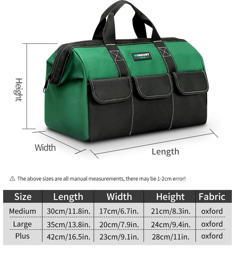 Bolsa de herramientas oxford verde y negra con múltiples bolsillos, vista desde arriba.