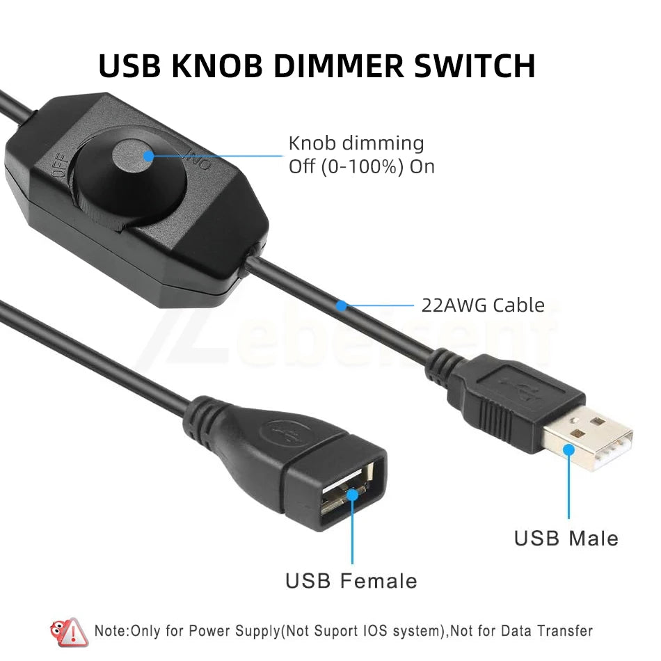 USB knob dimmer switch featuring a knob, 22AWG cable, and USB male and female connectors.