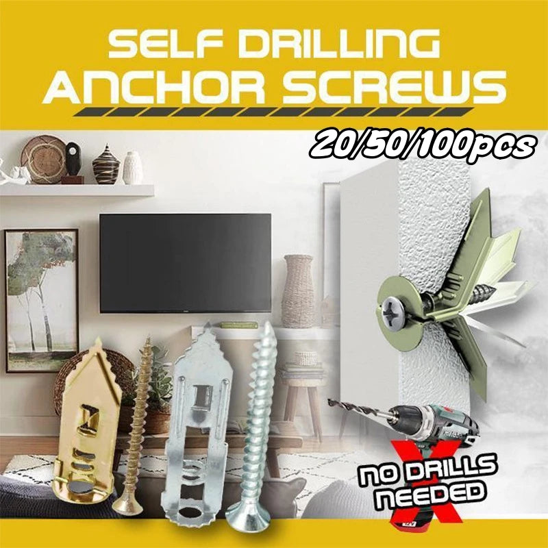 A set of self drilling anchor screws in various sizes and finishes shown next to a power drill.