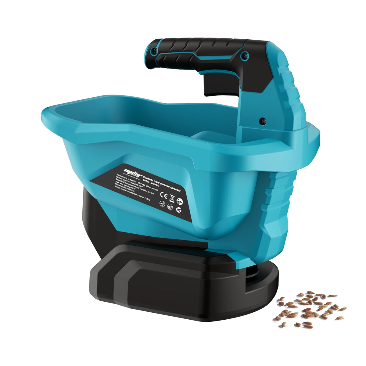 A teal cordless handheld spreader tool with a black grip and base, shown next to coffee beans.