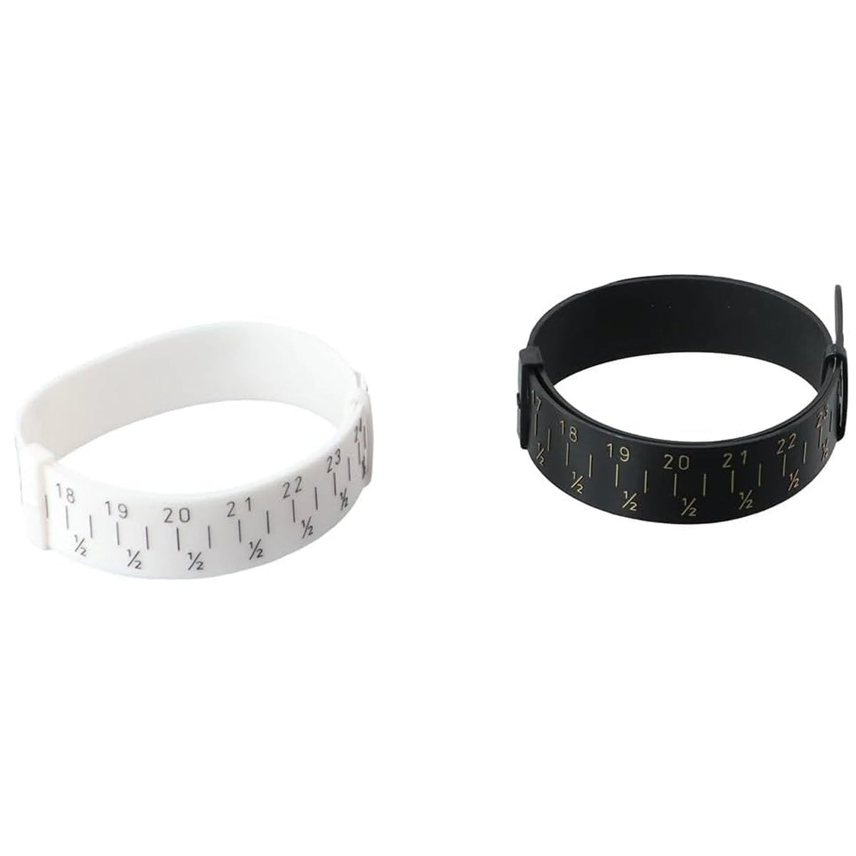 A black adjustable bangle sizer with markings for measuring jewelry.