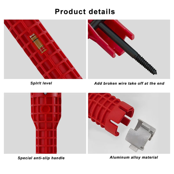 A set of red multi-functional tools including a spirit level, a wrench for adding broken wire, a special anti-slip handle, an