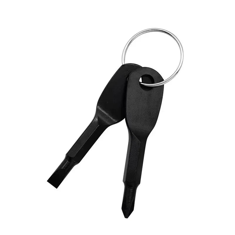 A black 2-piece mini screwdriver set with a keyring attached.