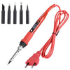 An adjustable digital soldering iron with a red handle and coiled wire, shown alongside various tips.