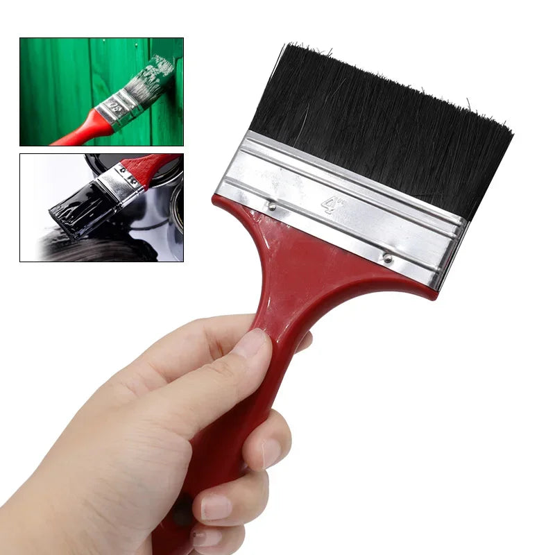 A red paint brush with black bristles is shown being held by a hand, alongside close-ups of the brush and its handle.