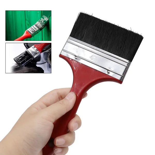Pincel de pintura rojo con cerdas negras, mostrado siendo sostenido por una mano junto a primeros planos del pincel y su mang