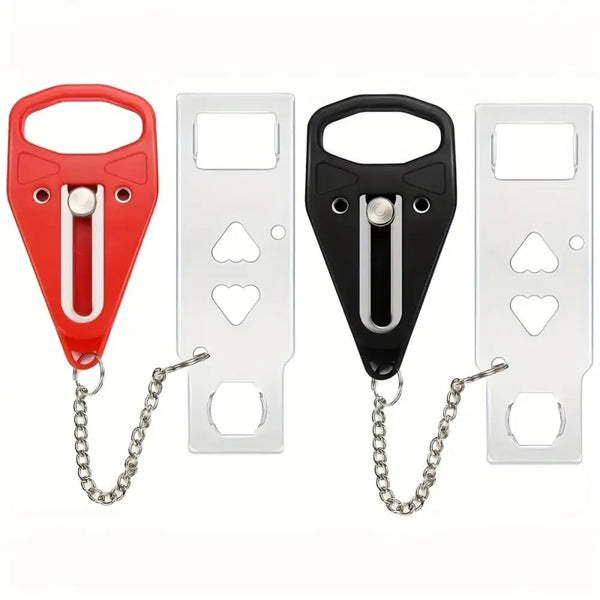 A set of two portable double hole door locks, one red and one black, with chains for securing.