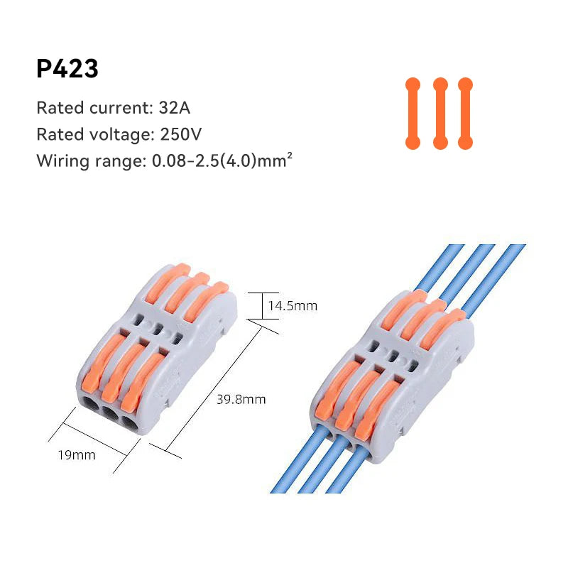 A set of orange and blue electrical push-in connectors with wire insulation and terminals.