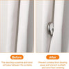 Before and after images showing magnetic button curtain clips for window drapery