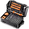 An open black case containing an 11-in-1 precision screwdriver set with multi-angle tools and orange handles.