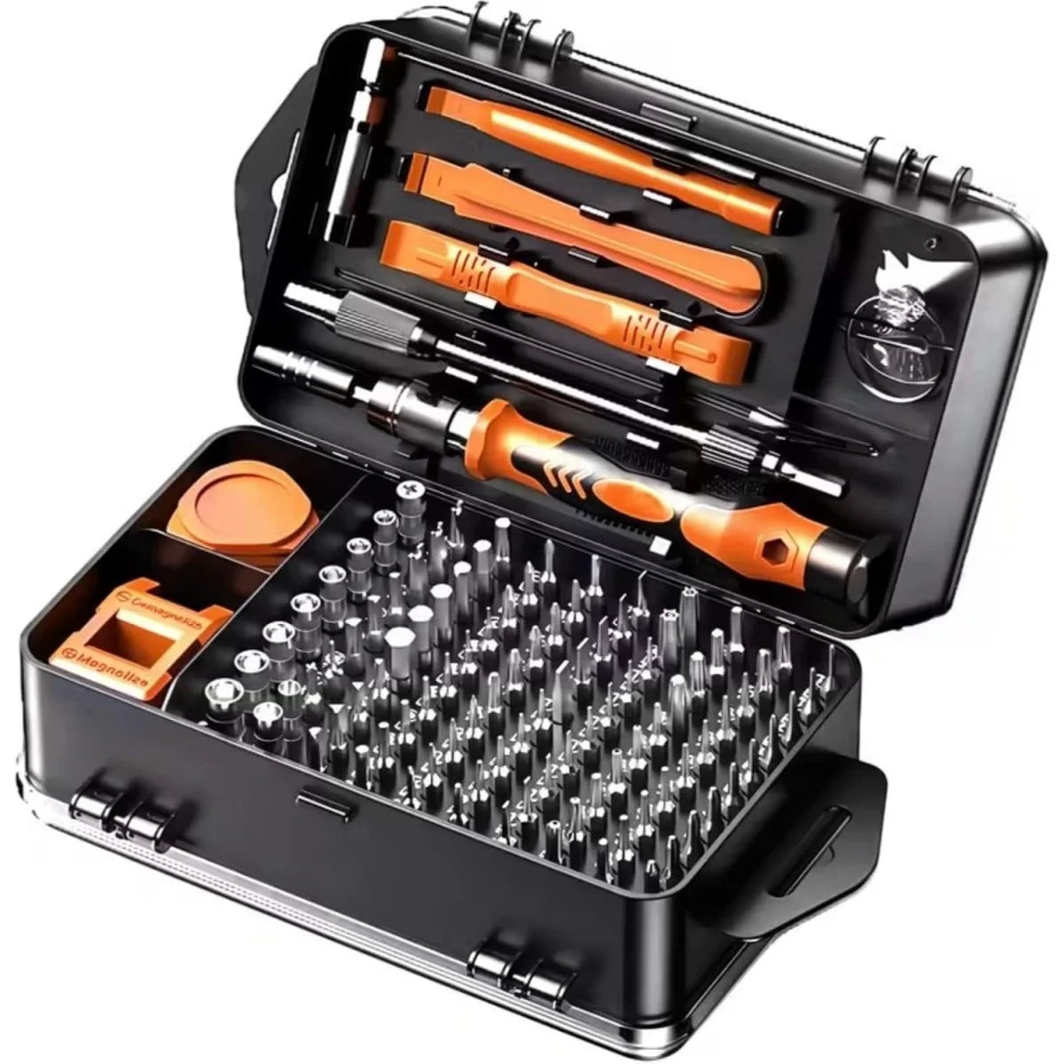 An open black case containing an 11-in-1 precision screwdriver set with multi-angle tools and orange handles.