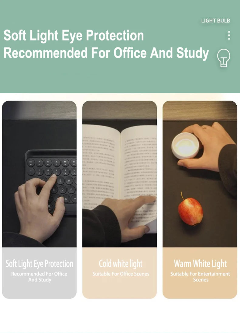 Three light bulbs demonstrating soft light eye protection, cold white light, and warm white light for office and study.