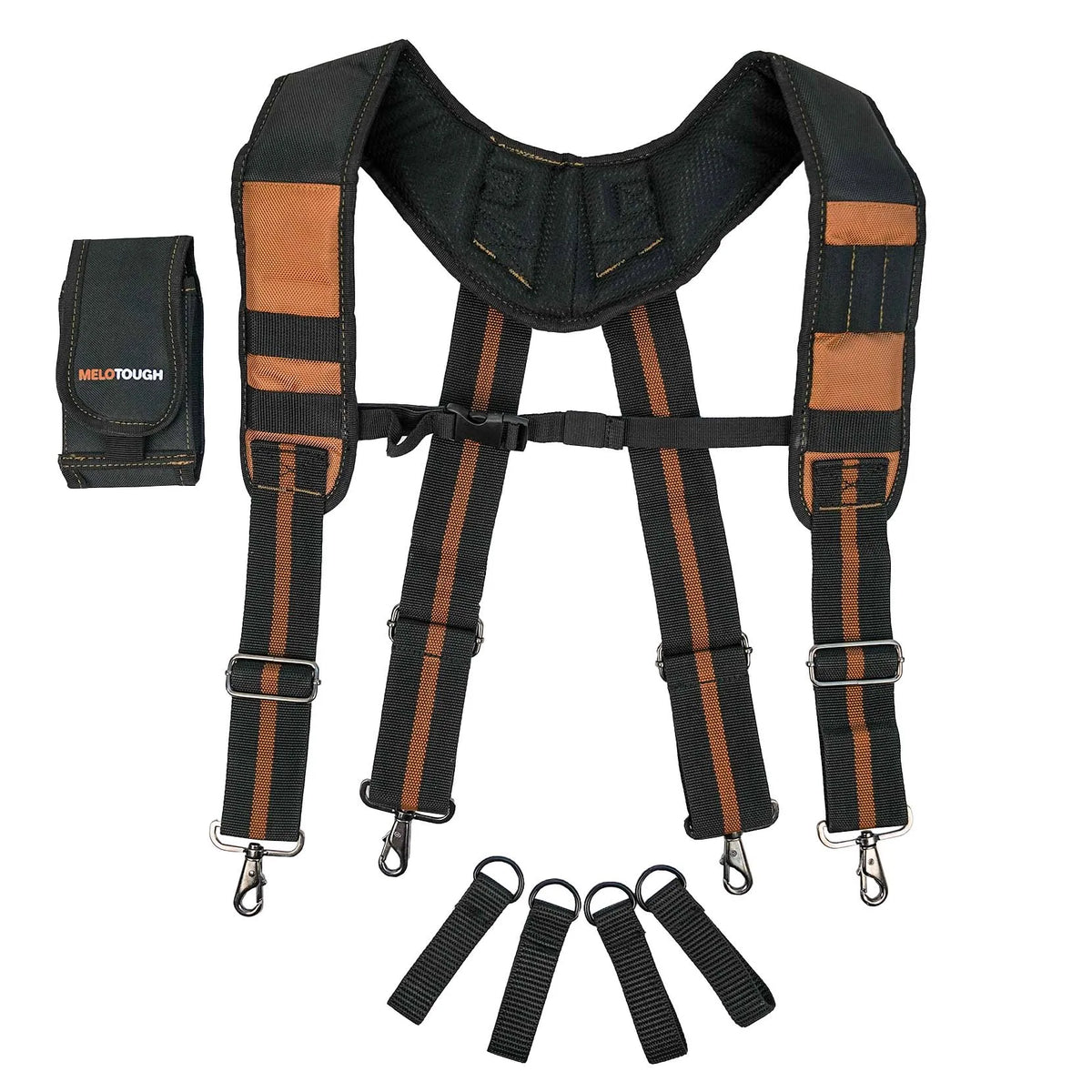 Black and brown heavy-duty tool belt suspenders with phone holders