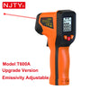 Orange digital infrared thermometer gun model T600A with a red laser line indicating measurement.