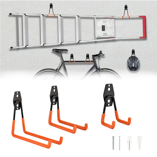 Heavy duty metal wall hooks in orange and black for garage and workshop organization
