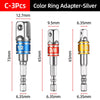 Set of three silver color ring adapters with 1/2, 3/8, and 1/4 sizes for power tools
