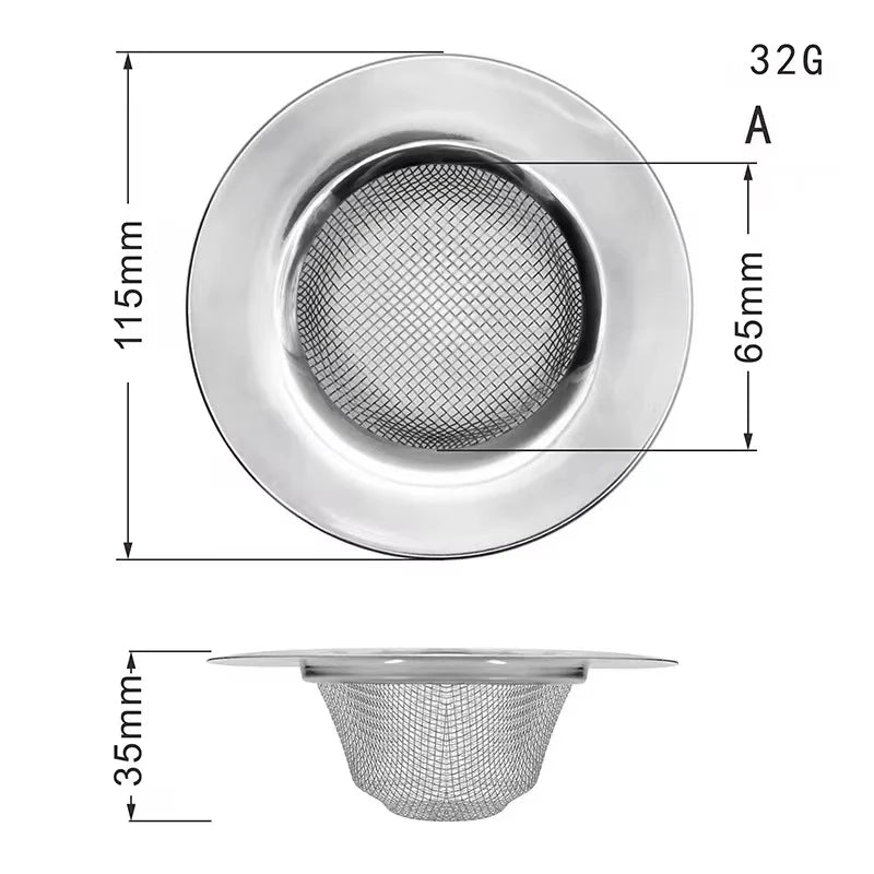 Stainless steel sink strainer drain filter mesh with dimensions 32G and 115mm.