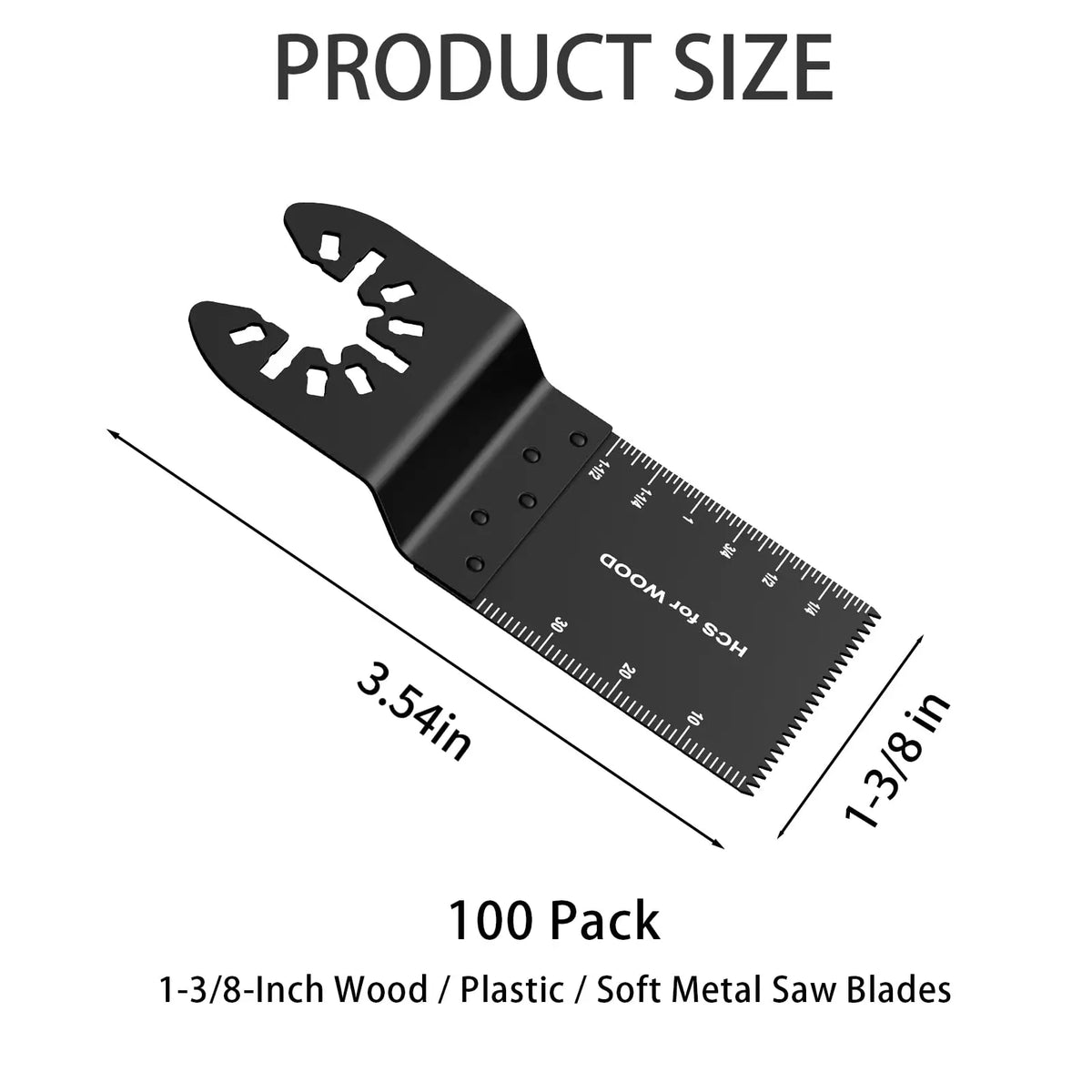 A set of 100 pack 1-3/8-inch wood plastic soft metal saw blades shown with a measurement scale.