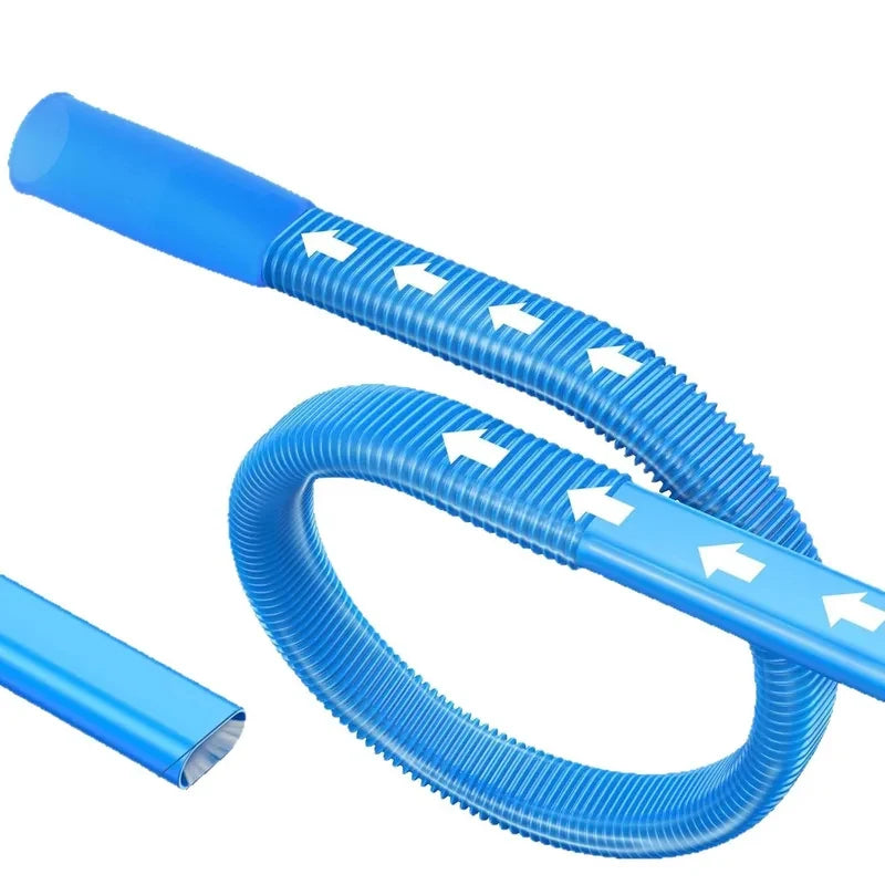 A blue flexible dryer vent cleaning kit with flexible, corrugated tubes shown in various configurations.