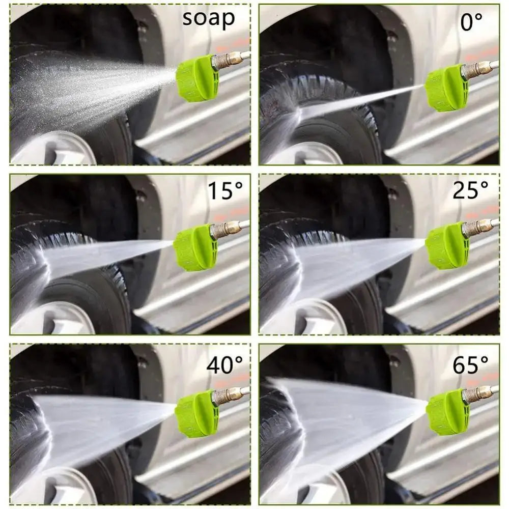 A set of adjustable pressure washer nozzles demonstrating spray patterns at 0, 15, 25, 40, and 65 degrees.