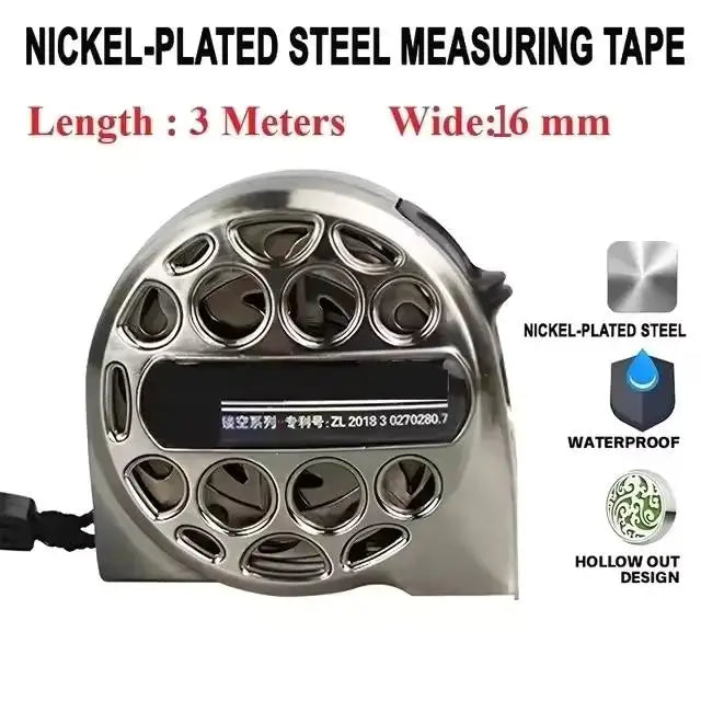 Nickel-plated steel measuring tape with 3 meter length and 16 mm width