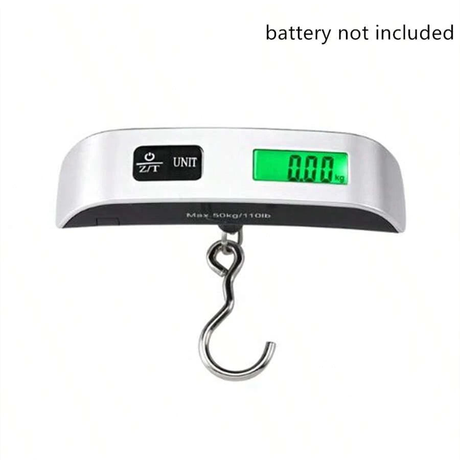 A silver digital luggage scale with a green display showing 0.00 kg, used for measuring weight.