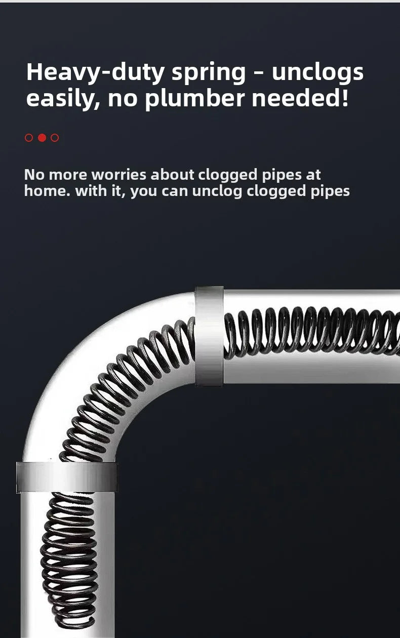 A close-up view of a heavy-duty spring tool used to unclog pipes, shown bending around a pipe section.