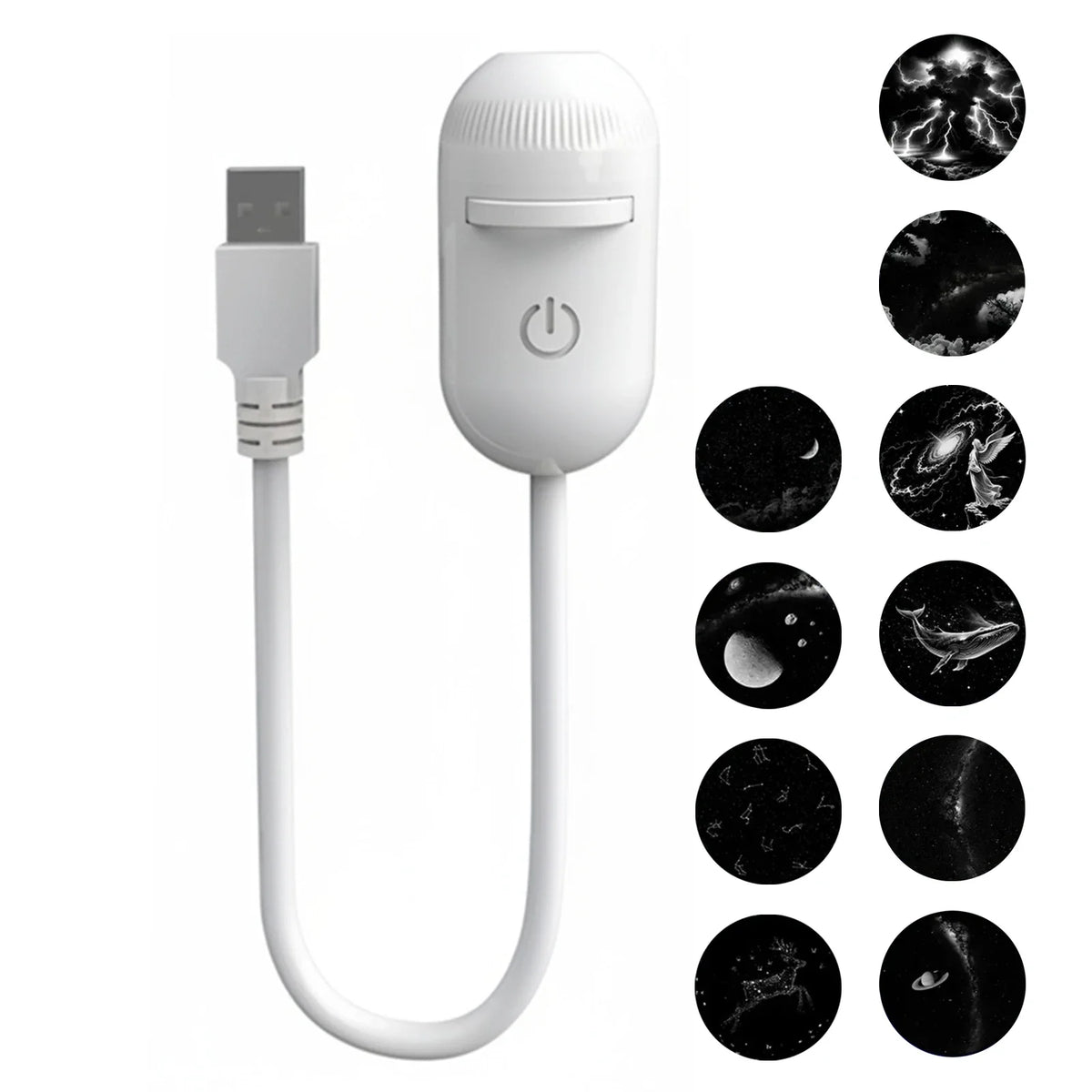 A white dual-mode USB projection lamp with a flexible cord and several circular light patterns displayed on the right.