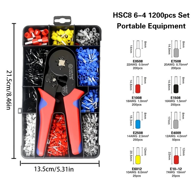 HSC8 6-4 1200pcs set of portable equipment featuring various crimping and stripping tools in black and colored plastic.