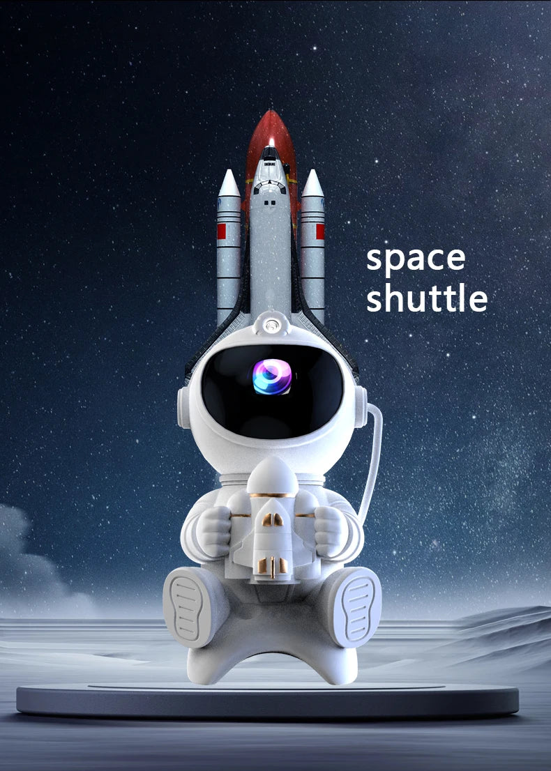 A white astronaut figure with a space shuttle on its back, set against a dark starry background.
