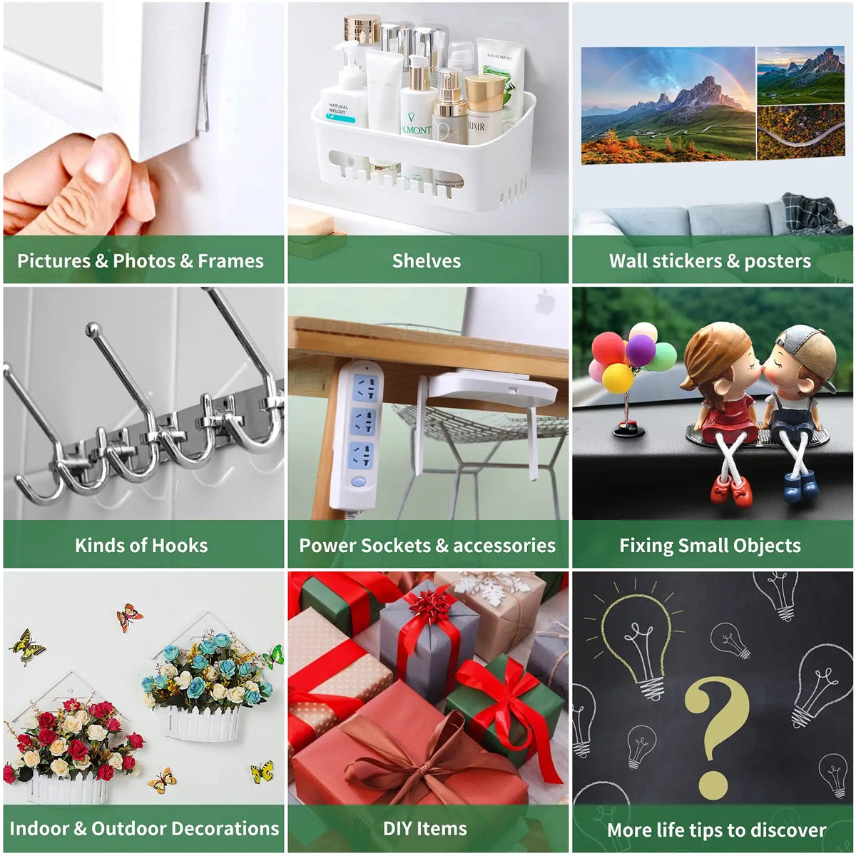 A collection of various adhesive tapes, including double-sided tape, for various uses like decorating and fixing small object