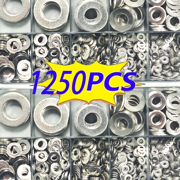 A close-up view of a plastic tray filled with assorted precision 304 stainless steel washers.