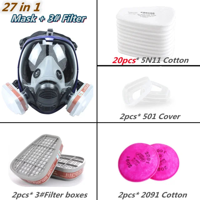 A set of industrial chemical gas respirators, filter cartridges, and cover components for protection.