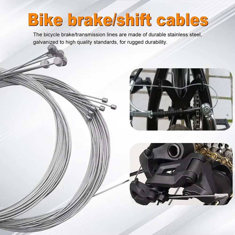 A bundle of stainless steel bike brake/shift cables and a black cable housing kit for bicycle use.