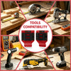 A collection of various tools including a drill, a flashlight, and a yellow power tool are displayed on a wooden workbench.