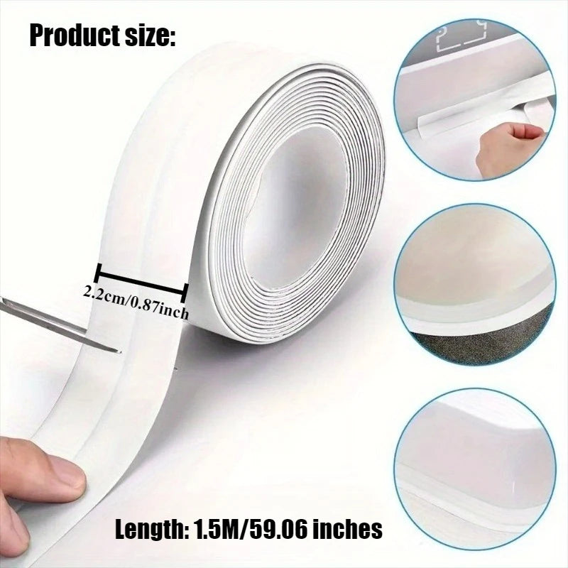 Roll of white heavy-duty waterproof sealing tape showing its size and application.