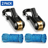 A set of two black and gold heavy duty retractable rope tightener clips and a bundle of blue rope.