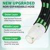 Cross-section diagram showing the layers of a new upgraded non-expandable garden hose: outer, middle, and inner layers.