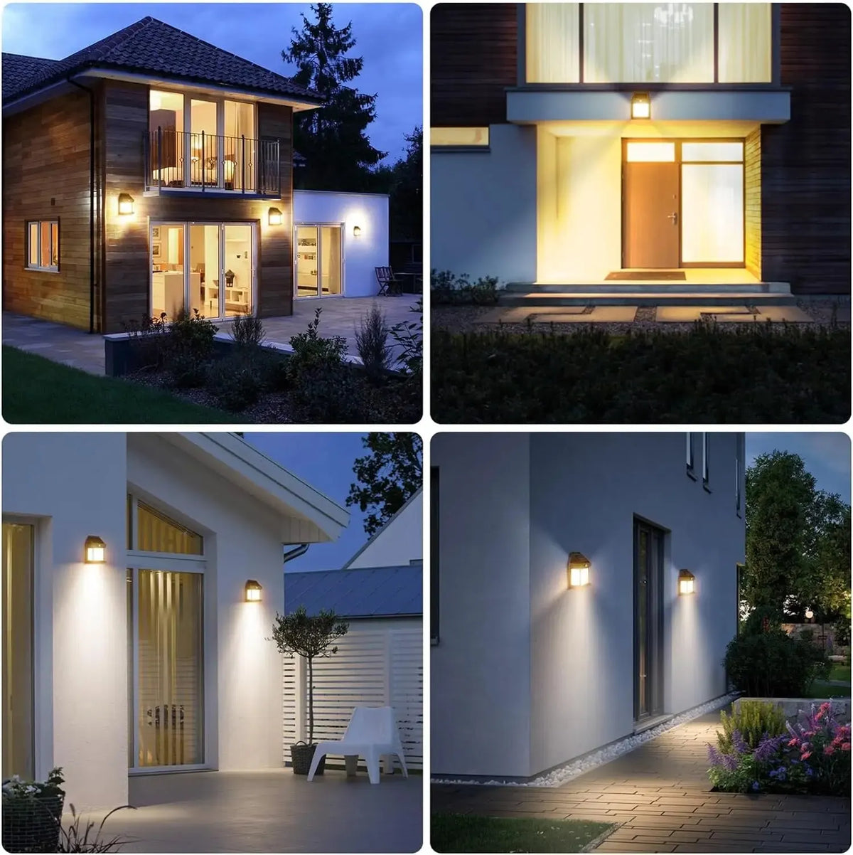 A row of modern outdoor wall lights illuminating a pathway and garden area.
