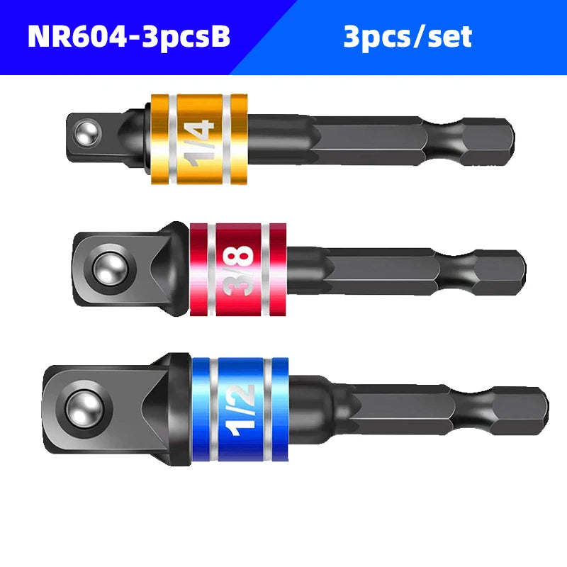 Set of three NR604 impact grade socket adapters with different sizes and finishes
