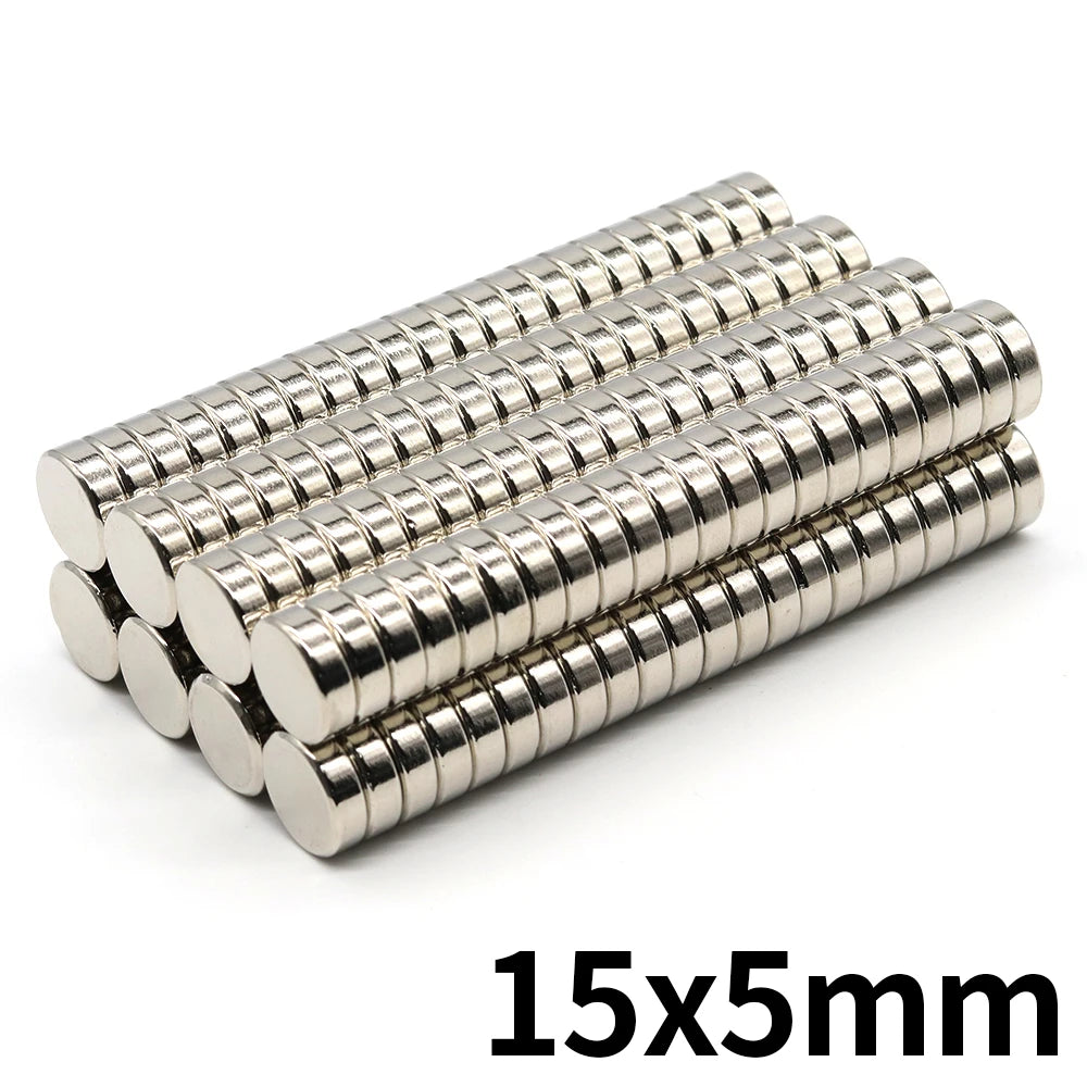 A set of silver refrigerator magnets with a 15mm diameter and 5mm length.