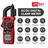 Red digital clamp meter with various measurement functions displayed on the screen and buttons