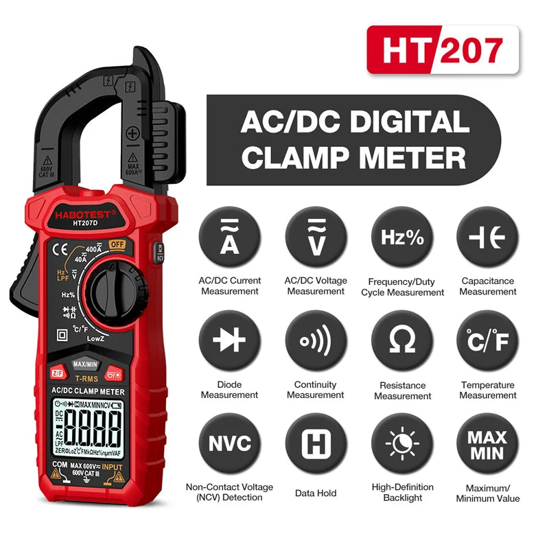 Red digital clamp meter with various measurement functions displayed on the screen and buttons