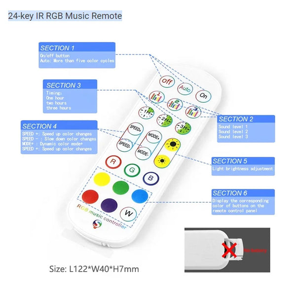 A white 24-key IR RGB Music Remote control with various function buttons and a connector end.