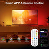 A smart app and remote control system for a TV, showing an RGB Colour remote and a TV interface.