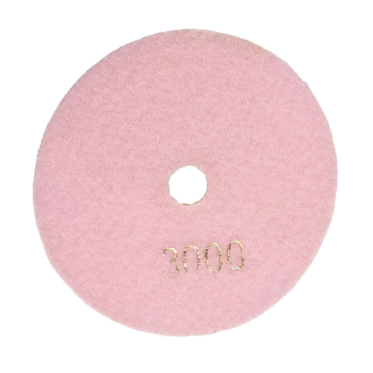 Runde, rosa Polierpad mit zentraler Löcher und der Zahl 3000 eingeprägt auf der Oberfläche.