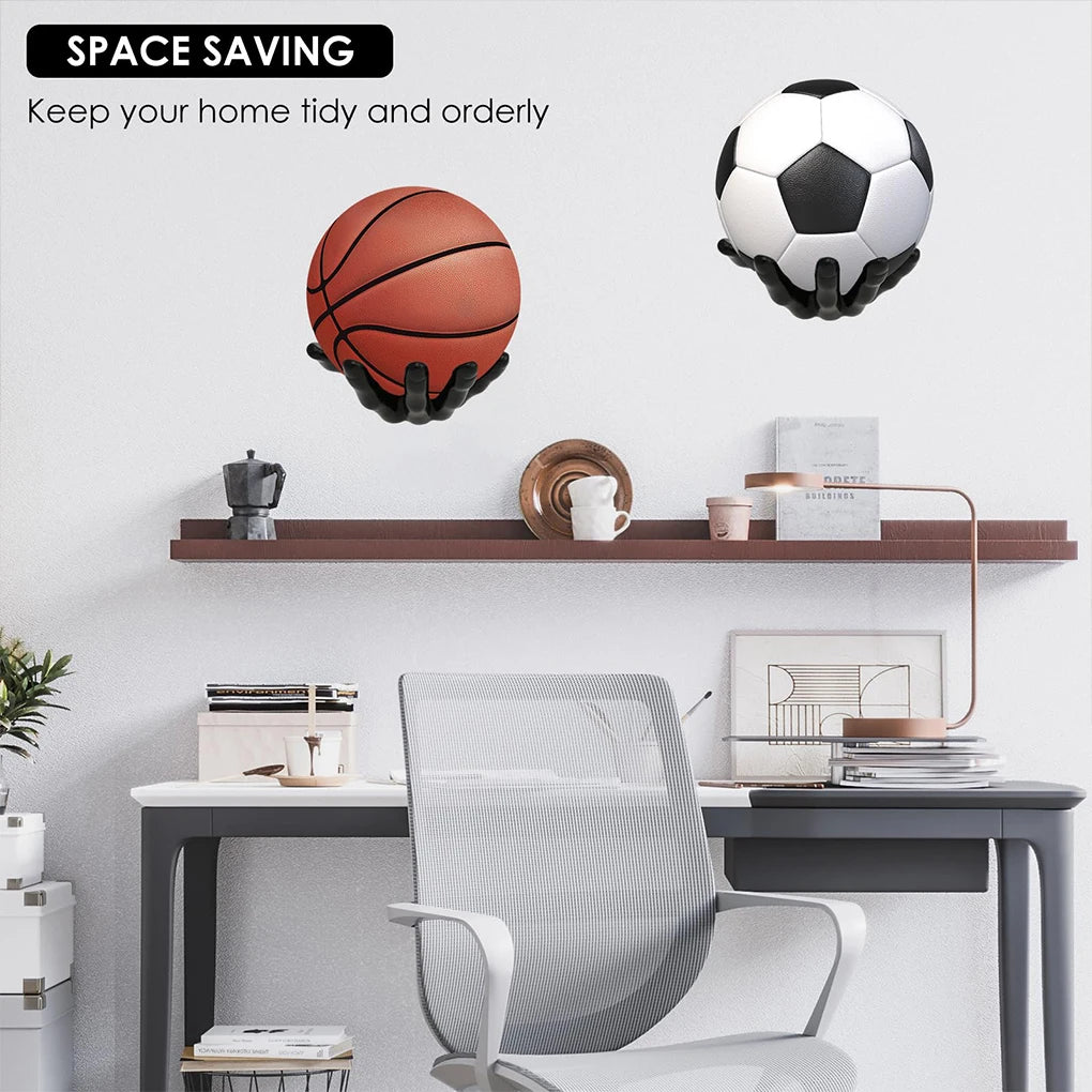 Wall decor featuring a basketball and a football mounted on a wooden shelf above a desk.